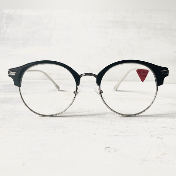 Gigantic +3.00 Reading glasses Round Browline Metal WIDE BIG FIT Black Silver - Picture 2 of 10